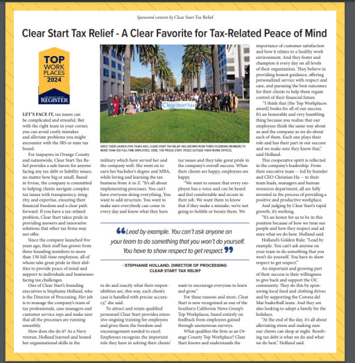 Clear Start Tax Named 2024 Orange County Register’s Top Workplaces for Exceptional Tax Resolution Service and Workplace Culture