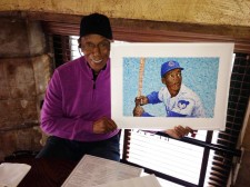 Ernie Banks with print #14 of Dan Duff's "Mr. Cub"