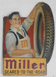 MILLER TIRE TIN FLANGE CHROMOLITHOGRAPHED SIGN