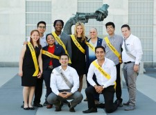 Youth for Human Rights St. Kitt and Nevis steering committee member Pierre Liburd (second from the left back row) at The Knotted Gun sculpture at the U.N. in New York where he represented his country at the 12th annual Youth for Human Rights summit.