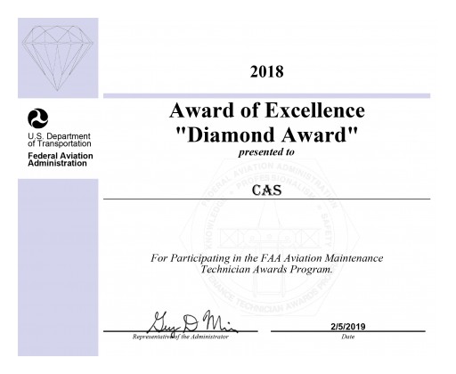 CAS Earns Third Consecutive FAA Diamond Award of Excellence