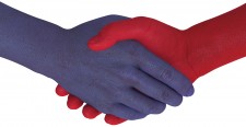 Red and Blue Hands Shaking