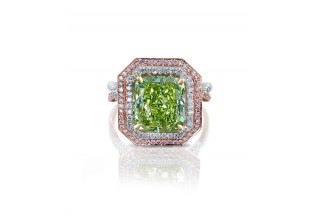 Fancy Intense Yellow Green Cushion Double Halo Diamond Ring (5.24Ct TW)