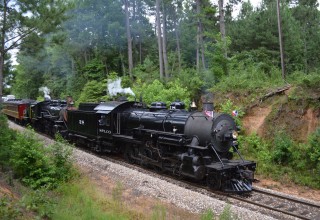 Engine 28 Barreling Down Fairchild Hill at Texas State Railroad