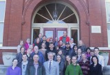 Rev. Brian Fessler briefs members of Historic Nashville Inc. on some of the work the Church of Scientology carried out to restore the Falls School building.