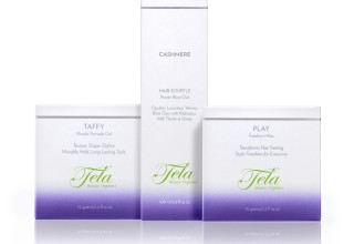 Tela Beauty Organics Cashmere Hair Souffle Power Blow Out (3.3oz, $36.00), Play Freeform Wax (2.2oz, $34.00), and Taffy Miracle Pomade Gel (2.2oz, $34.00).