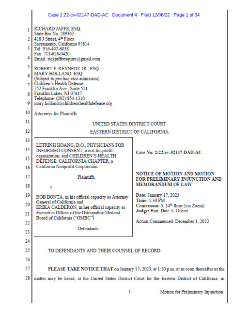 Physicians for Informed Consent Sues State of California, Argues That Doctor Censorship Bill AB 2098 Violates the U.S. Constitution