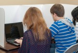 Students using the 20" laptop / chromebook carrel.