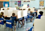 Students using the 13" tall desktop study carrels.