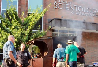 Barbecue served from a Model-T truck at National Night Out block party at the Church of Scientology Seattle