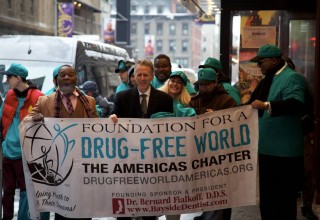 Drug-Free World volunteers gathered at the Church of Scientology New York on Times Square.