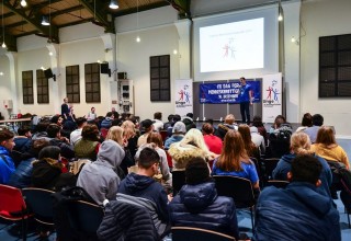 Nørrebrohallen sports complex, where students delivered freestyle raps and other performances highlighting the human rights they consider most important