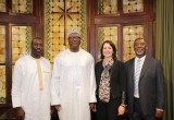 (Left to right) The Honorable Benjamin A. Roberts, Minister  of Tourism and Culture of The Gambia; His Excellency Sheik Omar Faye, the Ambassador to the United States of The Gambia; Rev. Beth Akiyama, Executive Director Church of Scientology National Affairs Office, Washington, D.C.; and Mr. Eric Sheppard, CEO of Diversity Restoration Solutions Inc., at Black History Month forum Feb 12, 2016, at the Church of Scientology National Affairs Office in Washington, D.C.