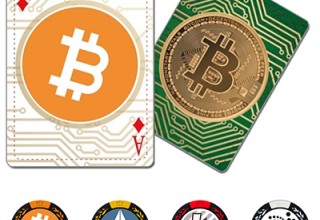 Cryptocurrency-themed playing cards and poker chips