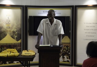 Pastor James Green, pastor of the Mt. Lebanon Missionary Baptist Church of Nashville addressed those attending the World Humanitarian Day open house at the Church of Scientology Nashville.