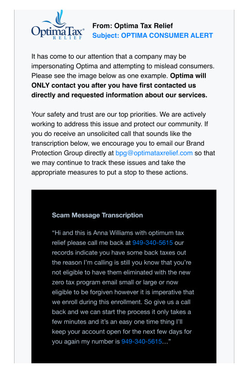 Optima Tax Relief Seeks Victims for Class Action Lawsuit Against Scam Call Campaign
