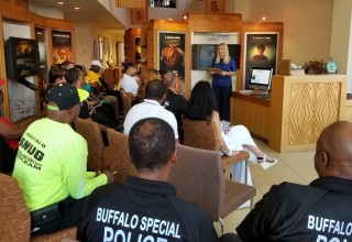 Youth for Human Rights Buffalo chapter director, Isabelle Vladoiu, spoke of the 14th International Human Rights Summit where she briefed delegates and guests of the partnership her group has forged with local peace organizations.