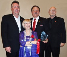 Receiving the CSHA Award honoring the Orange County RiteCare® Childhood Language Center as the 2016 CSHA Program of the Year are: Jim Andronaco, CLC Board Member, Dr. Judy K. Montgomery, Director of the Orange County RiteCare® Childhood Language Center, Frankie Rosario, President and Board Chairman, and Raymond Godeke, Executive Vice President / Secretary of the California Scottish Rite Foundation.